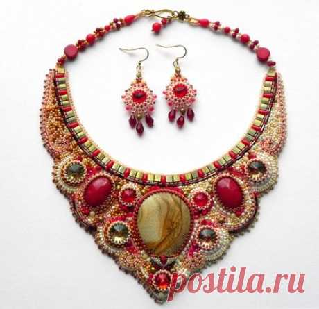 Купить Колье &quot;Цветок пустыни&quot; - бежевый, кремовый, коричневый, красный, бронзовый, коралл, пейзажная яшма