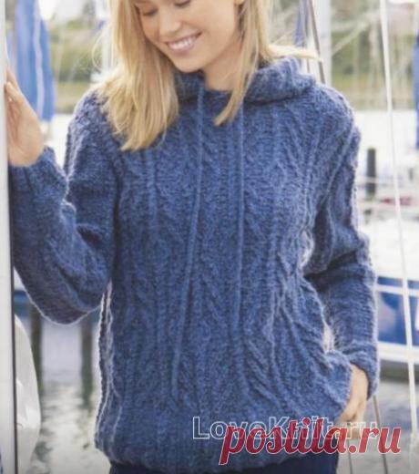 Пуловер в спортивном стиле с капюшоном и косами схема спицами » Люблю Вязать