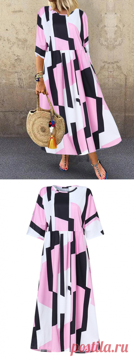 Hot saleZANZEA Контрастный Цвет Геометрический Принт Половина Рукава Платье Для Женское Cheap - NewChic