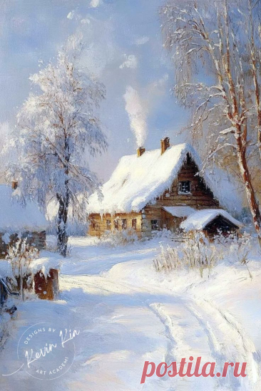 a painting of a snow covered country house