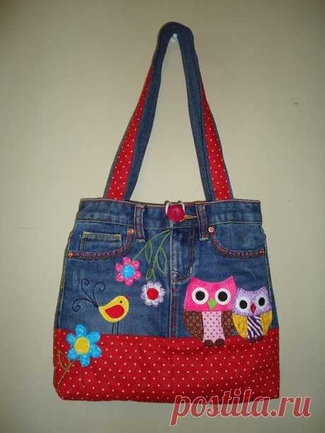 (1) Bolso vaquero con aplicaciones de búho combinando distintas telas. Denim bag with owls applique | Aprons, towels, potholder, mugrugs, cozys etc.