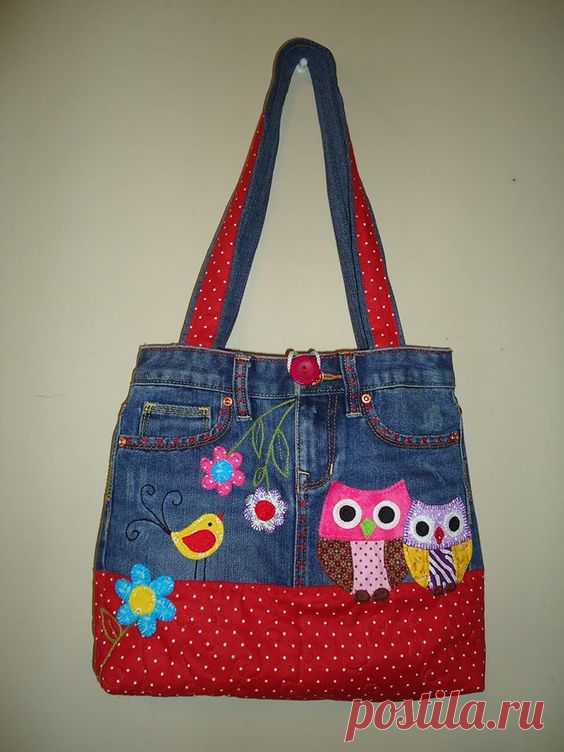 (1) Bolso vaquero con aplicaciones de búho combinando distintas telas. Denim bag with owls applique | Aprons, towels, potholder, mugrugs, cozys etc.