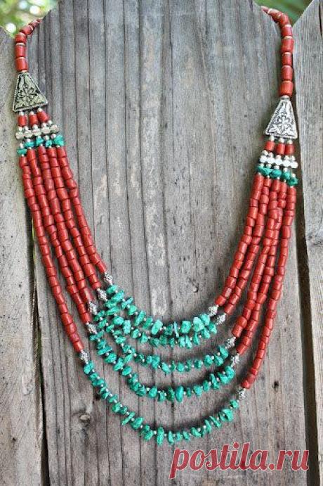 (13) Vintage inspired Bohemian Stunning Native style bib necklace with Red corals and dyed Turquoise beads Ethnic Boho Chic Layering necklace
