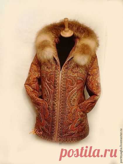 Купить Куртка Русское поле ( из платка) - рыжий, орнамент, павловопосадские платки, Куртка из платка