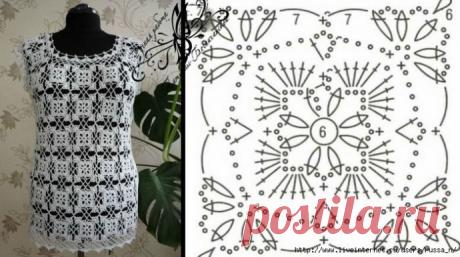 Симпатичный квадратный мотив для ажурной летней кофточки