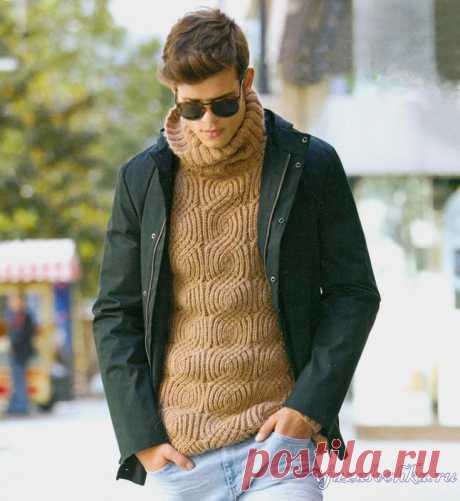 Мужской свитер спицами смещенной английской резинкой