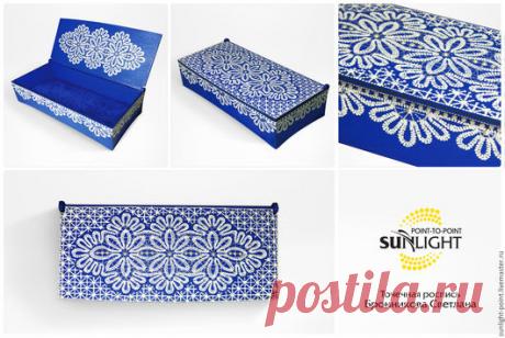 Купить Шкатулка- купюрница &quot;Синяя с белым кружевом&quot;. Точечная роспись. - точечная роспись, подарок