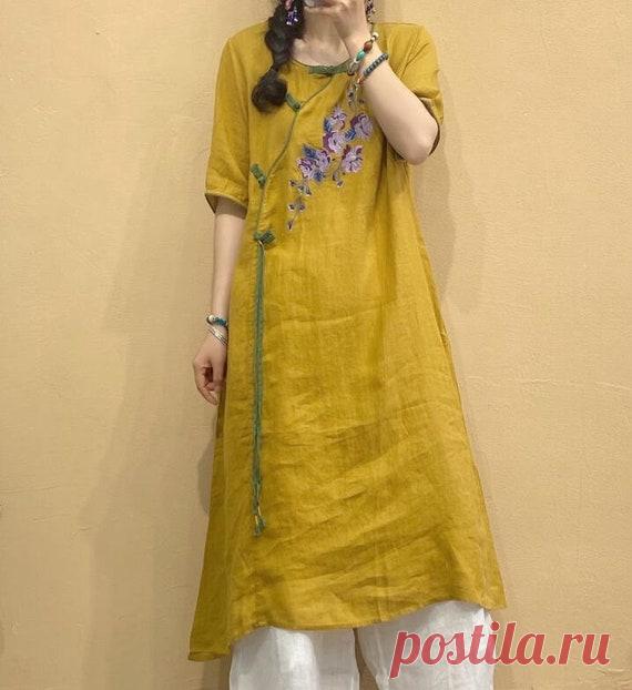 Linen Dress for Women Summer midi dress Vintage Dress linen | Etsy 【Fabric】 linen 【Color】 Green, red, rose, purple, yellow 【Size】 Shoulder width 40 cm / 16 Bust 110cm / 43 Length 105cm / 41   Washing & Care instructions: -Hand wash or gently machine washable do not tumble dry -Gentle wash cycle (40°C) -If you feel like ironing (although should not be necessary) ,