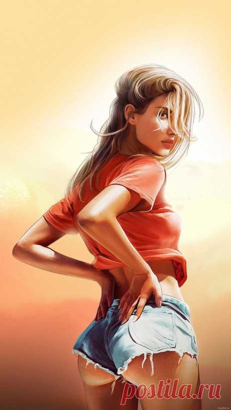 Скачать рисунок девушки на обои смартфона.