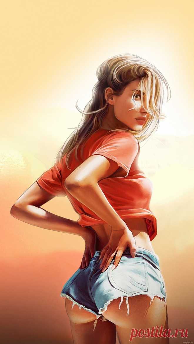 Скачать рисунок девушки на обои смартфона.