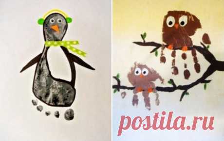 Отпечатки рук и ног
Пачкаем ручки и ножки в краску, оставляем отпечаток на бумаге, а затем дорисовываем согласно фантазии. Бонус для родителей – сохраните такие рисуночки и потом покажете ребенку размер ручек и ножек в определенном возрасте.