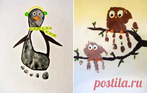 Отпечатки рук и ног
Пачкаем ручки и ножки в краску, оставляем отпечаток на бумаге, а затем дорисовываем согласно фантазии. Бонус для родителей – сохраните такие рисуночки и потом покажете ребенку размер ручек и ножек в определенном возрасте.