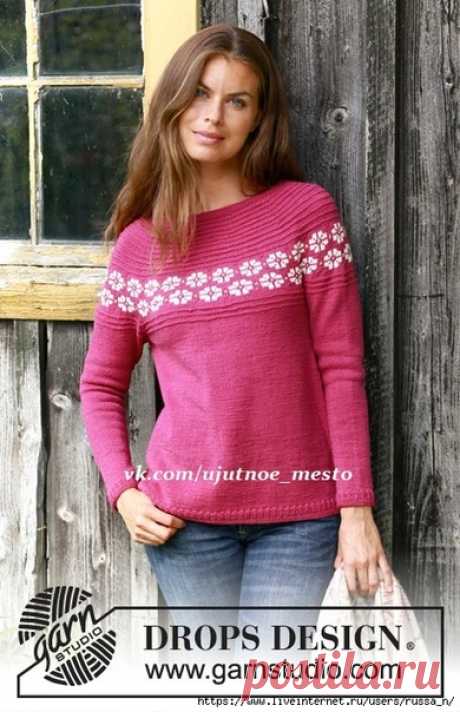 Daisy Delight by DROPS Design

Размеры
S - M - L - XL - XXL - XXXL

Материалы 
Пряжа DROPS BABY MERINO (100% меринос, 50 г/175 м) 7-8-9-9-10-11 мотков цвета 41 (основной цвет) по 1 мотку 45 (лимонного) и 02 (белого); спицы круговые и чулочные 2.5 мм и 3 мм

Плотность вязания
24 петли и 32 ряда = 10х10 см чулочной вязкой на спицах 3 мм

Прибавления (основная деталь): накид, 8 лиц.п., маркер, 8 лиц.п., накид; в след. кругу накиды вязать лиц. скрещ. петлями.

Росток: поставит...