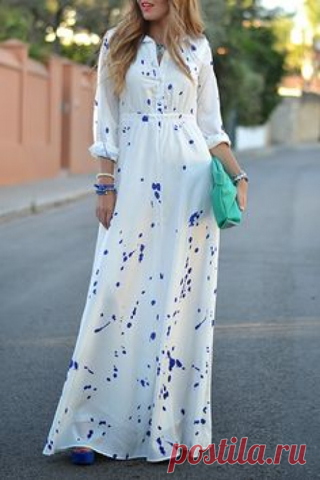 Ink Print Shirt Neck Long Sleeve Maxi Dress
