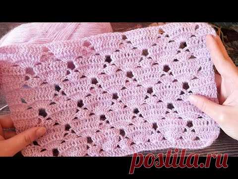 Вяжем теплый узор из веерков крючком. (N 122) - YouTube