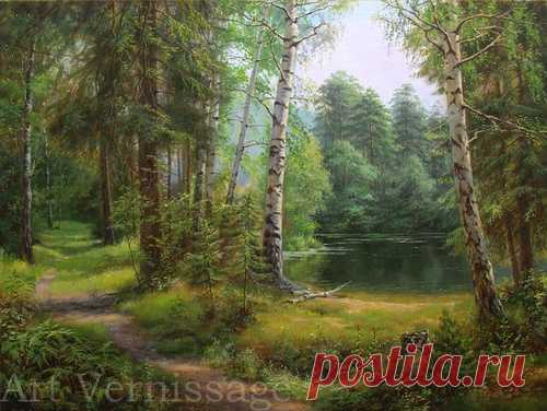 Лесное озеро. Утро. Картина В.Г.ЗАйцева