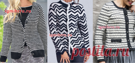 Вязание на спицах - Жакеты спицами - Черно-белая симфония: Жакет спицами зигзагообразными разнообразными узорами