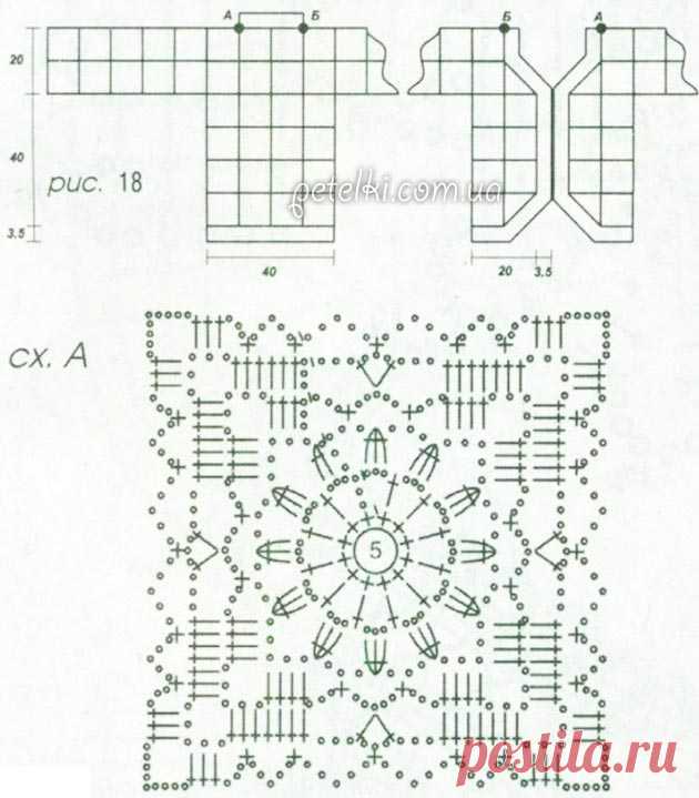 Ажурный жакет из квадратных мотивов. Описание, схемы вязания