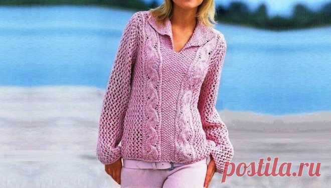 Модный красивый пуловер с воротником для худеньких и пышных дам, связанный спицами | Идеи рукоделия | Яндекс Дзен