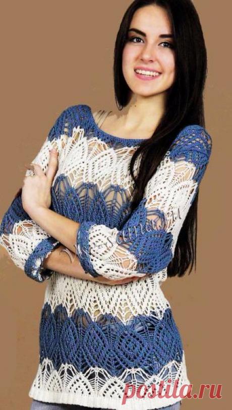 Ажурный пуловер в полоску спицами