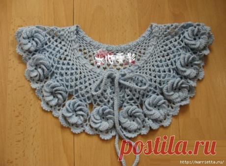 Крючком. Кружевной воротник с объемными цветами