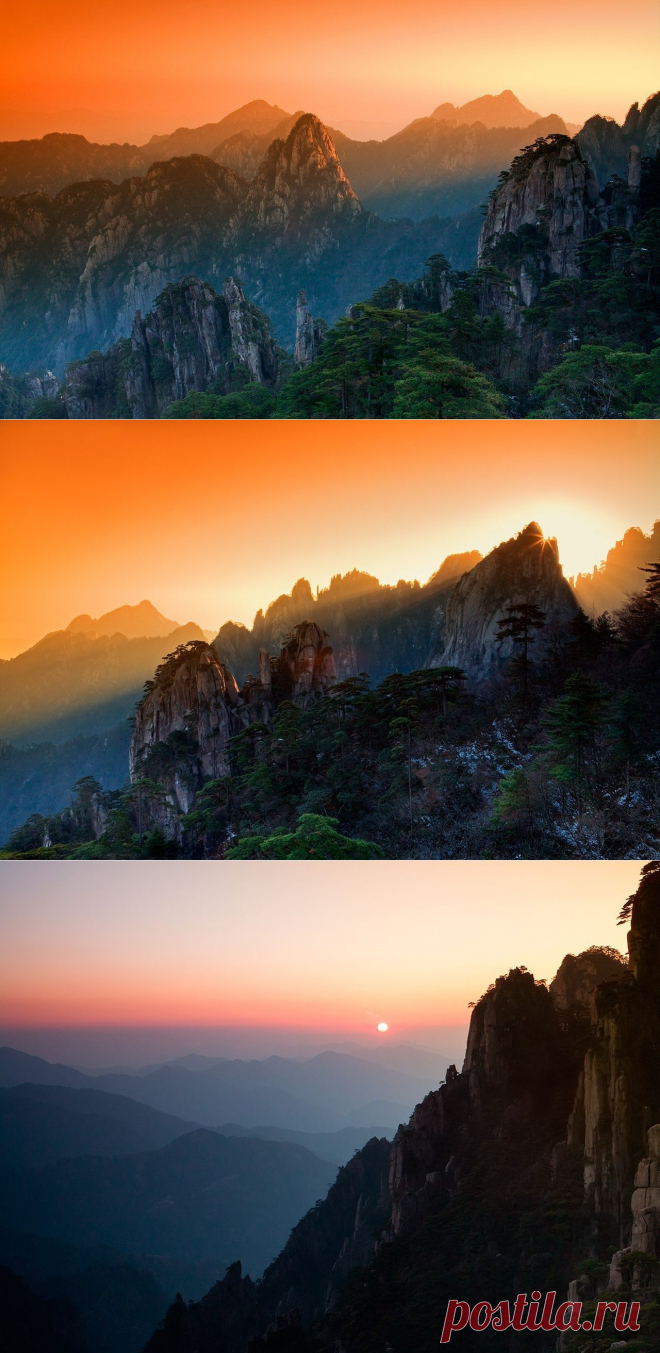 Хуаньшань: от рассвета до заката. Хуаншань - горная гряда в провинции Аньхой в восточной части Китая (примерно 300 километров на юго-запад от Шанхая). Этот район известен своими гранитными скалами, покрытыми соснами, воспетыми китайскими художниками и поэтами со времён династии Цинь.