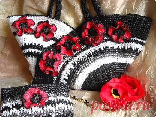 Вязаная сумка из полиэтиленовых пакетов "Красные маки". МК мака - Вяжем и шьем сумки