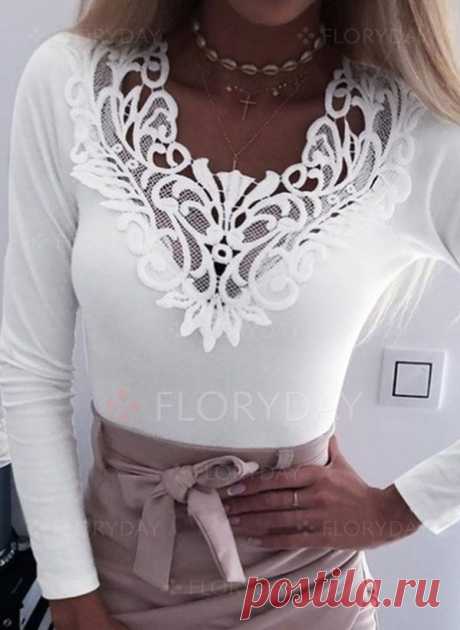 Новый Год  Сексуальное Pубашки Длинные рукава Цвет сплошного шею - Floryday