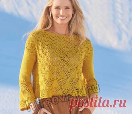 Красивый летний ажурный пуловер
#спицы #вязаный_джемпер #вязаный_узор #узор_спицами

Вязание спицами красивого летнего ажурного пуловера со схемами и пошаговым бесплатным описанием.

Размеры пуловера: 34-36 (42-44).

Вам потребуется: 300 (350) грамм цвета карри пряжи, состоящей из 90% вискозы, 10% шелка; длиной нити 140 метров в 50 граммах; спицы № 3; круговые спицы № 3.

Узор 1: платочная вязка = лицевые и изнаночные ряды – лицевые петли. Круговые ряды: попеременно 1 круг...