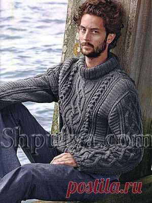 Серый свитер с рельефным узором и аранами — Шпуля - сайт о вязании