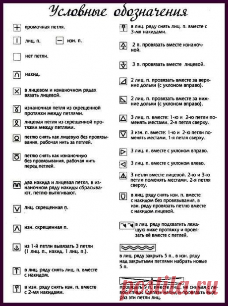 Как читать схемы вязания? 

Встречаются два типа схем – это графические схемы обозначения узоров и 
схемы-описания. Графическая запись вязаных узоров обладает 
преимуществами, такими как удобство в работе, наглядность, компактность.
 Нарисованную символами схему могут использовать люди, даже незнающие 
иностранных языков. Но у графической записи имеются и недостатки: нет 
единых правил для обозначения каждого вида петель, поэтому схема узора 
требует расшифровки условных о...