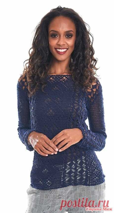 Ажурный пуловер цвета темное индиго Этот изящный ажурный пуловер цвета темное индиго выполнен двумя красивыми узорами. Размер М Пряжа 2 мотка цвета Cl&#233; 1000 2856 (глубокое индиго);Крючок 1.25 мм