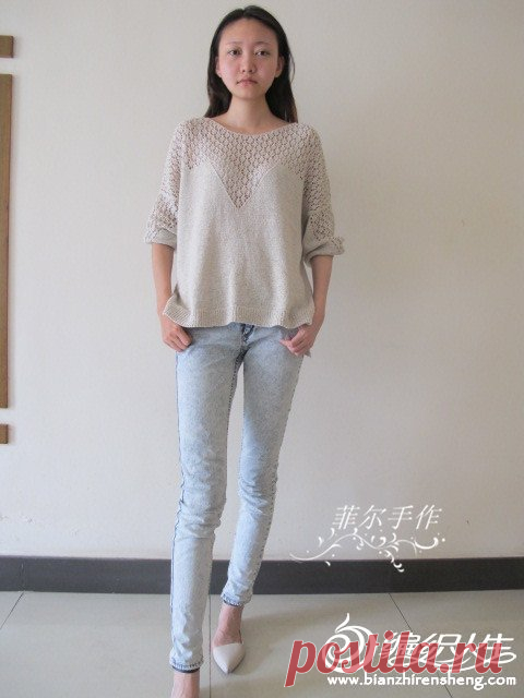 云素麻棉女士棒针宽松镂空落肩套衫-编织教程-编织人生