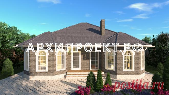 Симметричный одноэтажный дом из серого кирпича с полукруглыми окнами, проект №33 с площадью 112 кв м