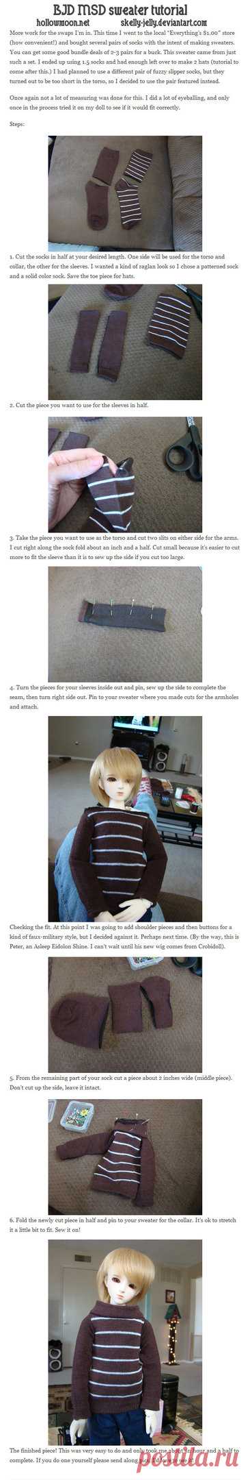MSD Sweater tutorial Everyone, I think, has their own version of this, but for the newbies or people who haven't seen it, here's an easy tutorial for making sweaters for your BJDs out of socks. EDIT 05/10/13 - I delete...