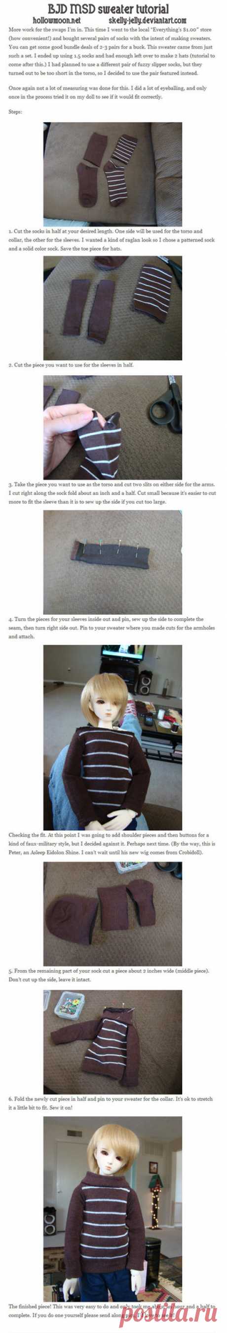 MSD Sweater tutorial Everyone, I think, has their own version of this, but for the newbies or people who haven't seen it, here's an easy tutorial for making sweaters for your BJDs out of socks. EDIT 05/10/13 - I delete...