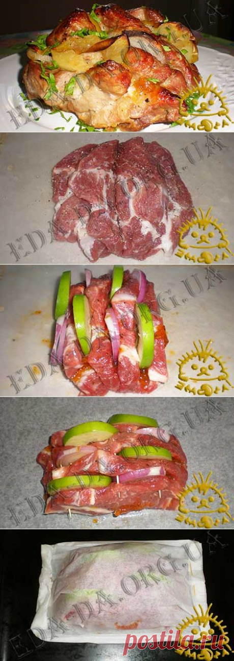 Кулинарный блокнотик для дочери - Вторые блюда - Домашний рецепт мясного блюда - Свинина под абрикосовым джемом с яблоком и луком