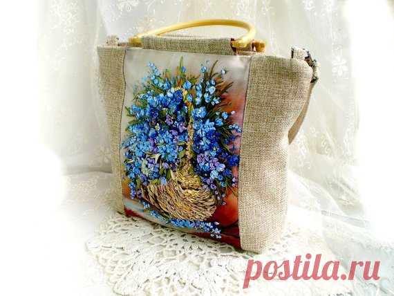 Bag handmade, white  original bag, shoulder bag with flower,  Ribbon embroidery bag, embroidered flower handbag, women bag,  basket,textile Bag embroidered with ribbons-an original addition to your summer outfit. The bag is made of velvet, the color is black, dense and holds its shape well. Embroidery in the technique of application. All colors are tinted by hand, paints for fabric batik products do not fade. Zip closure.