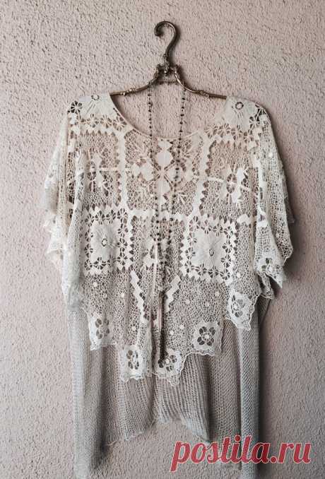 Free People Rare crochet patchwork design hi low sweater back tunic dry clean