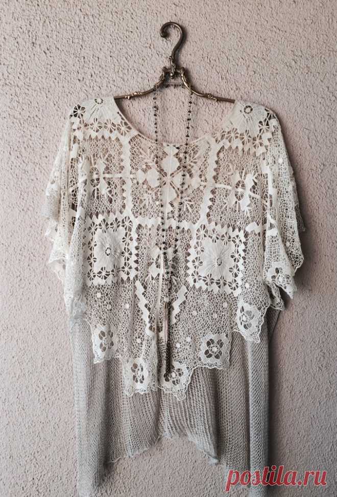 Free People Rare crochet patchwork design hi low sweater back tunic dry clean