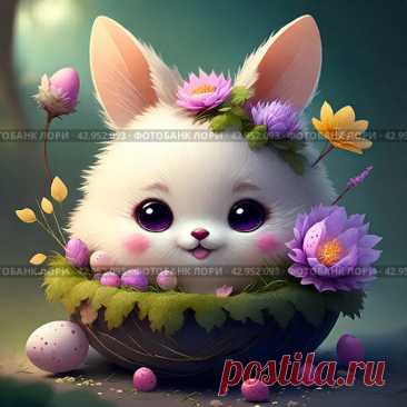 A cute rabbit is sitting in a basket with flowers and Easter eggs. Kawaii baby rabbit is surrounded by a variety of flowers, including purple yellow ones, and there are several eggs scattered around the basket. Стоковое AI-изображение, AI-художник Ilaronsia / Фотобанк Лори