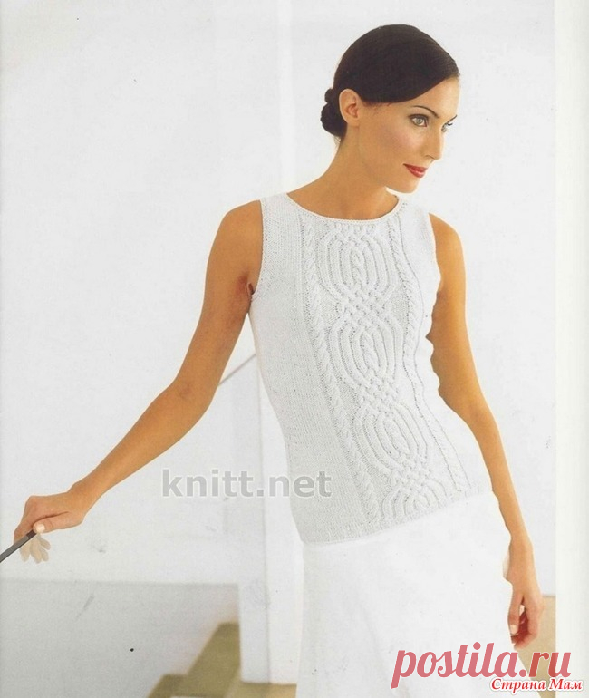 Вязаный спицами топ HAZEL Красивый вязаный спицами топ выполнен из белой пряжи средней толщины. Описание модели дано для шести размеров в двух вариантах: длинный топ и короткий топ.  РАЗМЕРЫ:
