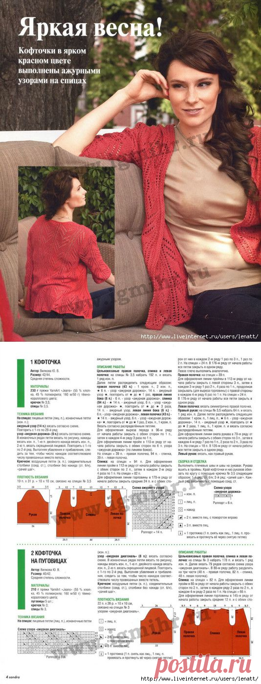 Спицы.Красная кофта с ажурным рисунком