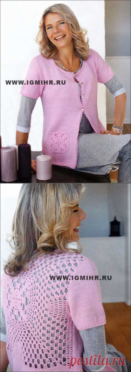 Розовый жакет с ажурной спинкой, от финских дизайнеров. Спицы и Крючок.