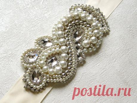 Rhinestone Pearl Wedding Sash Belt Ivory Silver от NatachaFontanel