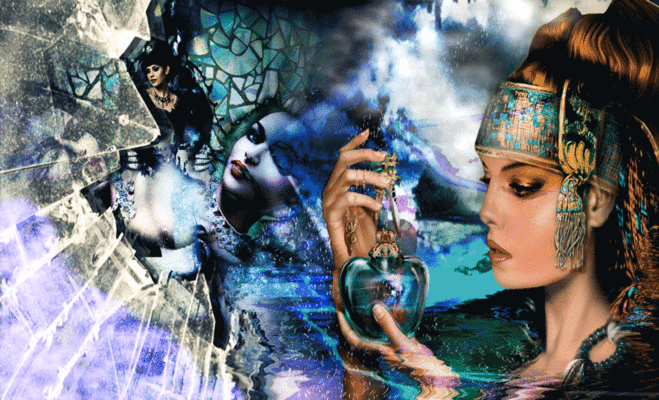 Анимации Рыжеволосая девушка открывает магический флакон, начинается гроза, тает лед и бьтся стекла, на заднем фоне за происходящим наблюдает волшебница и молодая леди