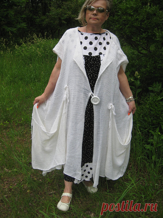 Handknitted Lagenlook Asymmetrical white jacket/coat