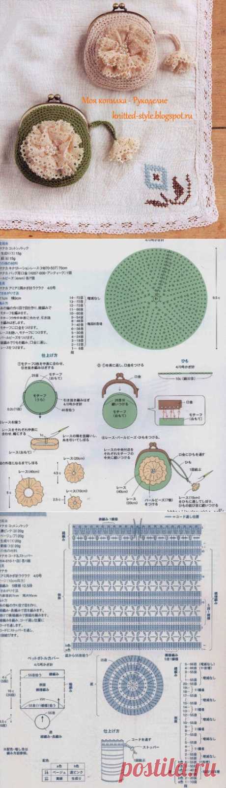 Стильный аксессуар - вязаные кошельки на фермуаре крючком. Детальная схема всех процессов выполнения.