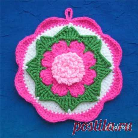 Модель вязаной прихватки крючком "пион" Подробное описание вязания прихватки в виде цветка пион