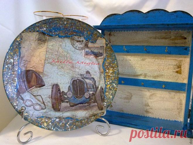 (18) Купить РЕТРО НАБОР "ГОНЩИК"!!! - синий, Ключница декупаж, тарелка, ретро стиль, ретро машина | декупаж тарелочки | Ретро